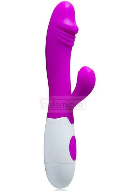 Pretty love flirtation schnitziger vibrator in lila und weiß aus silikon mit gerundetem kopf und strukturierten rillen