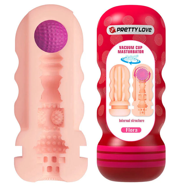 Pink silikon vakuum cup masturbator mit zahlreichen rillen und lila strukturierter kugel von pretty love flora