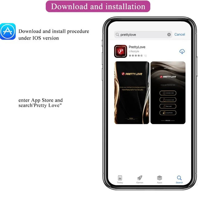 Schwarzes smartphone zeigt app store seite der app prettylove mit dem produkt franz massager und vibrator in lila