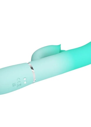 Ein mintgrüner silikon rabbit vibrator von pretty love mit glattem verlauf und silbernem akzentband