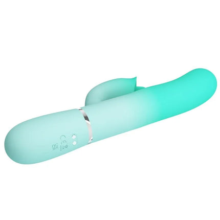Ein mintgrüner silikon rabbit vibrator von pretty love mit glattem verlauf und silbernem akzentband