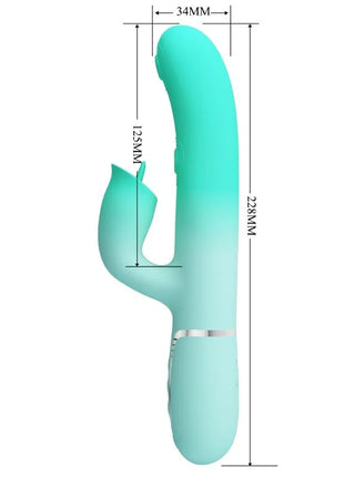 Ein tealfarbener silikon rabbit-vibrator mit metallischem akzentband und sanftem verlauf von pretty love
