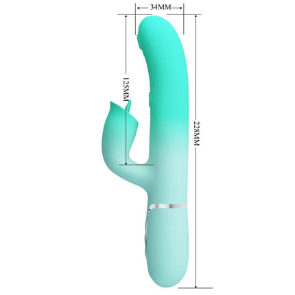 Ein tealfarbener silikon rabbit-vibrator mit metallischem akzentband und sanftem verlauf von pretty love