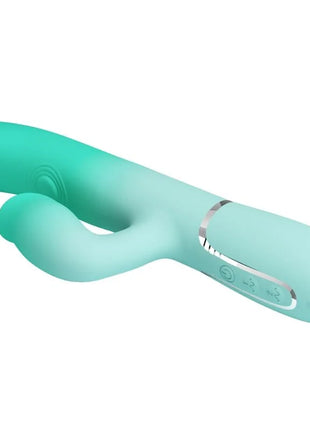 Ein mintgrüner silikon rabbit-vibrator pretty love gigi mit glatter, geschwungener form und silbernen steuerungstasten