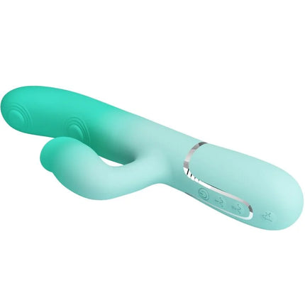 Ein mintgrüner silikon rabbit-vibrator pretty love gigi mit glatter, geschwungener form und silbernen steuerungstasten