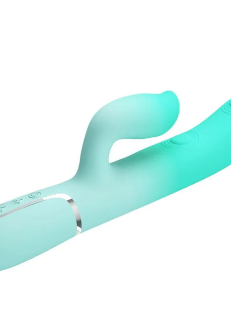 Ein mintgrüner silicongleicher rabbit-vibrator mit silbernem accentband und bedientasten von Pretty Love
