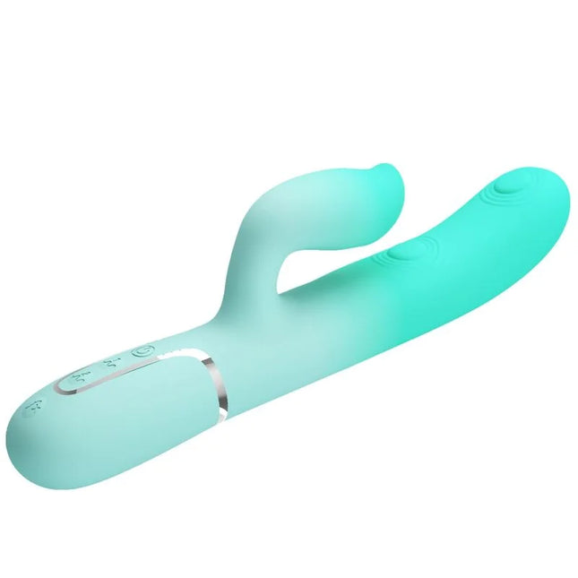 Ein mintgrüner silicongleicher rabbit-vibrator mit silbernem accentband und bedientasten von Pretty Love