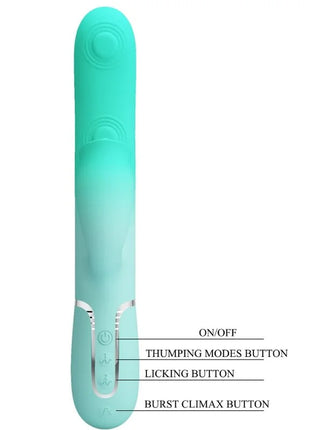 Teal silikon rabbit-vibrator mit silberner akzentleiste und beschrifteten bedientasten von pretty love