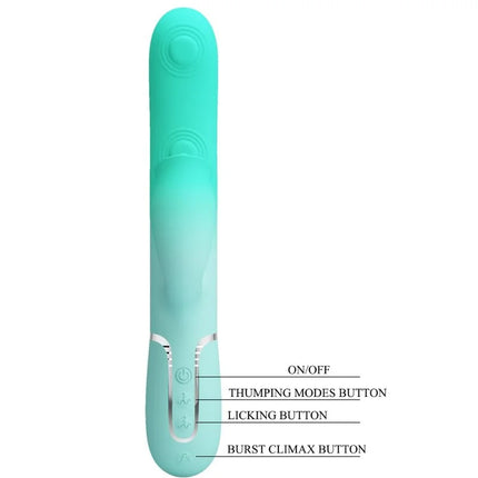 Teal silikon rabbit-vibrator mit silberner akzentleiste und beschrifteten bedientasten von pretty love
