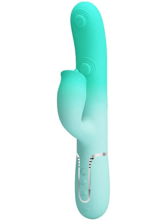 Tealfarbener silikon rabbit-vibrator mit glattem, geschwungenem design und bedientasten am griff von pretty love