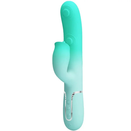 Tealfarbener silikon rabbit-vibrator mit glattem, geschwungenem design und bedientasten am griff von pretty love