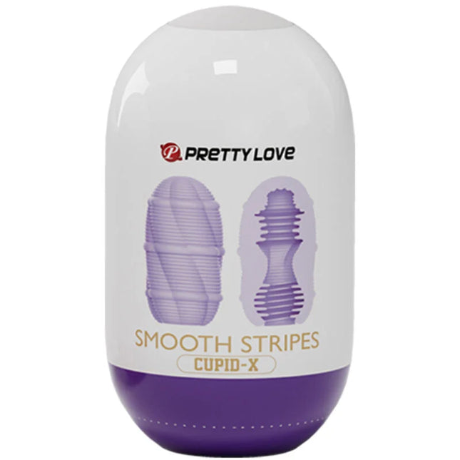 Purple und weiße plastikverpackung mit pretty love branding für smooth stripes cupid x masturbator ei