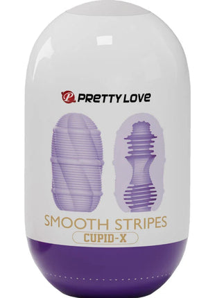 Lila-weißer plastikbehälter von pretty love mit glatten streifen und der aufschrift smooth stripes cupid-x
