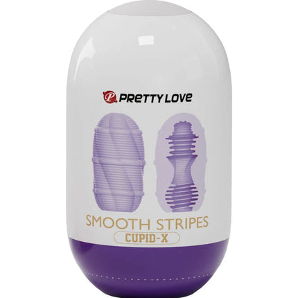 Lila-weißer plastikbehälter von pretty love mit glatten streifen und der aufschrift smooth stripes cupid-x
