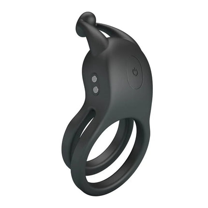 Schwarzer silikon pretty love vibrierende penisring mit power- und silbernen tasten, ergonomisches design wie tierkopf