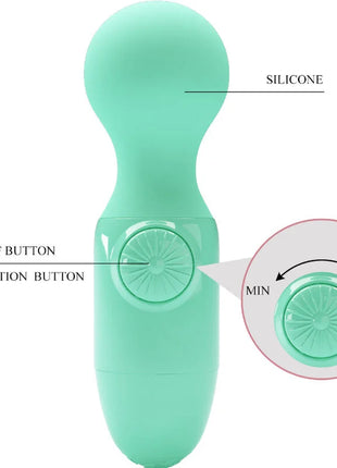 Mintgrüner silikonvibrator mit abgerundeter kopfspitze und bedientasten für an aus und vibrationsintensität von pretty love
