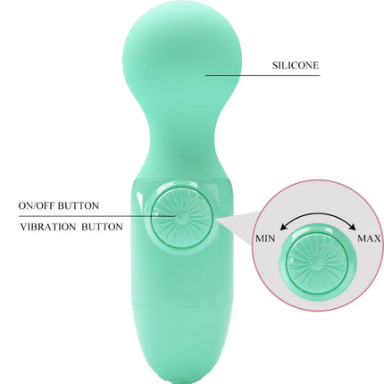 Mintgrüner silikonvibrator mit abgerundeter kopfspitze und bedientasten für an aus und vibrationsintensität von pretty love