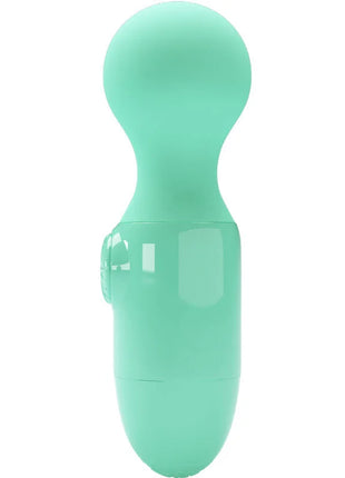 Ein mintgrüner mini persönlicher massager aus silikon von pretty love mit ergonomischem griff und rundem kopf
