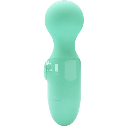 Ein mintgrüner mini persönlicher massager aus silikon von pretty love mit ergonomischem griff und rundem kopf