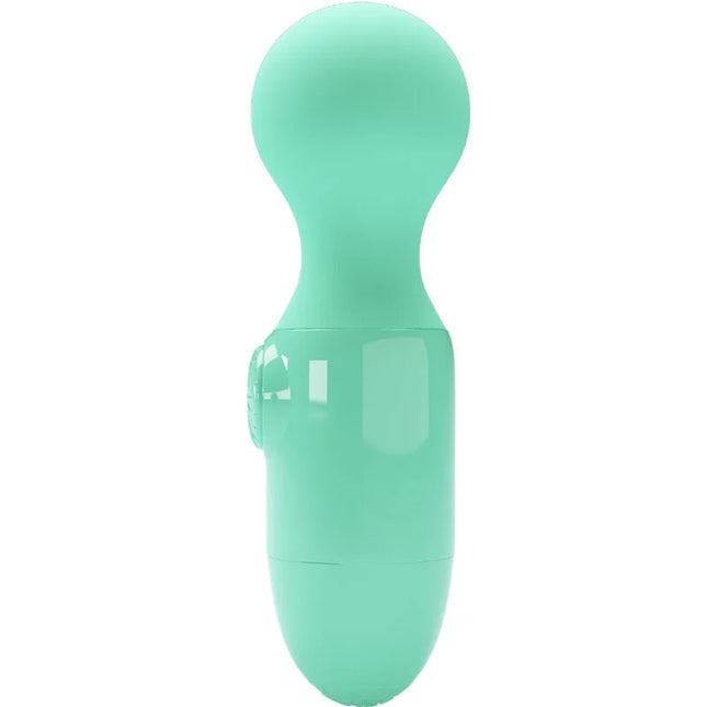Ein mintgrüner mini persönlicher massager aus silikon von pretty love mit ergonomischem griff und rundem kopf