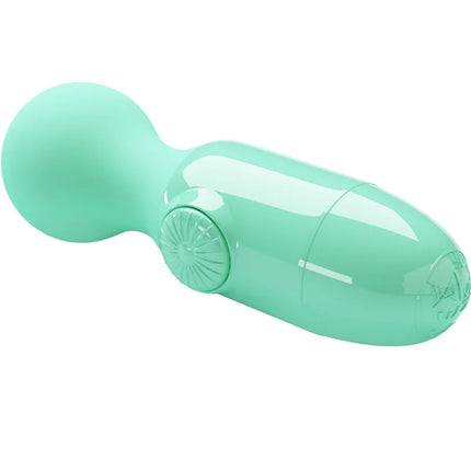 Mintgrüner silikon-mini-massager von pretty love mit strukturierter steuerungstaste und dezentem logo