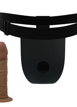 Tan silikon dildo mit strukturierter oberfläche und abgerundetem grundstück mit schwarzem verstellbarem gürtelhalter von Pretty Love Harness mit Dildo