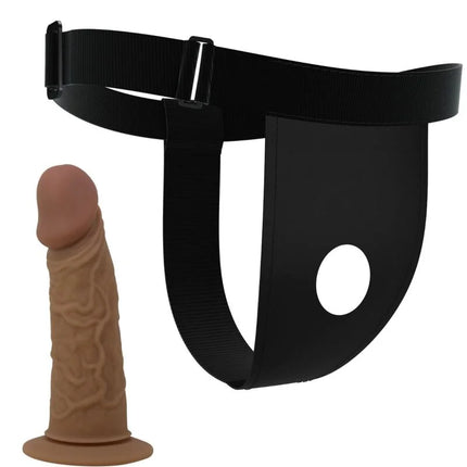 Tan silikon dildo mit realistischer textur und schwarzem verstellbarem gürtel für sicheren halt harness mit dildo von pretty love