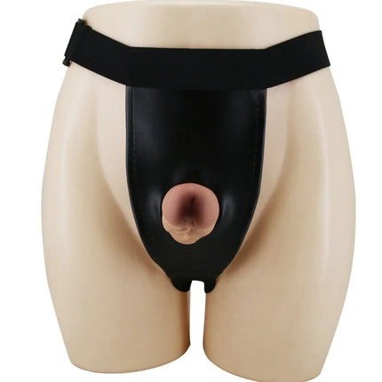 Schwarzer latex harness mit realistischem hautfarbenem dildo von pretty love zur intimen verwendung