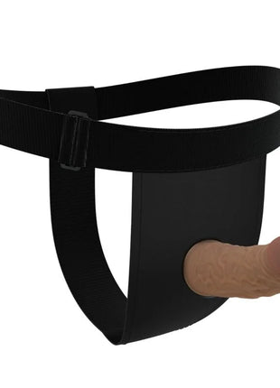 Schwarzer silikon-harness mit realistischem hautfarbenem dildo und verstellbarem bund von pretty love sichtbar von hinten
