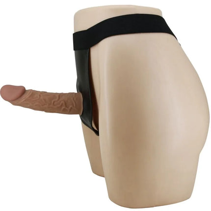 Tan silikon dildo mit schwarzem elastischem taillenband am mannequinkörper im pretty love harness mit didlo