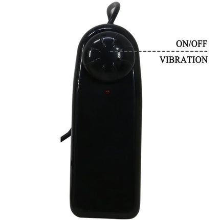 Schwarzer kunststoff vibrator mit rundem kopf und roter Kontrollleuchte von pretty love harness mit vibrationsdildo