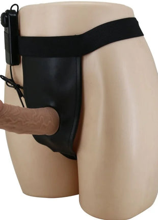 Schwarzer latex harness mit beigem silikon dildo und schwarzer steuerung im pretty love vibrationsdildo set