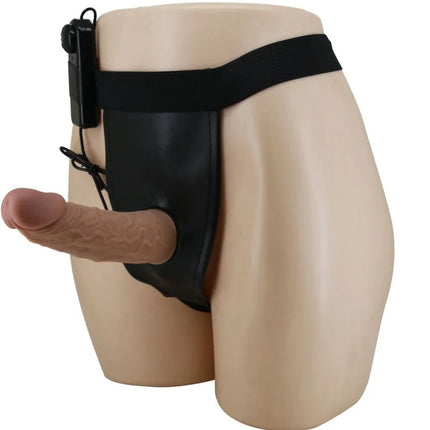 Schwarzer latex harness mit beigem silikon dildo und schwarzer steuerung im pretty love vibrationsdildo set