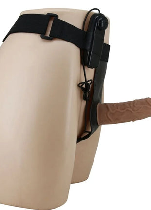 Pretty Love harness mit vibrationsdildo in schwarz mit braunem, realistischem Silikonpenis am Gurtzeug