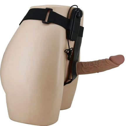 Pretty Love harness mit vibrationsdildo in schwarz mit braunem, realistischem Silikonpenis am Gurtzeug