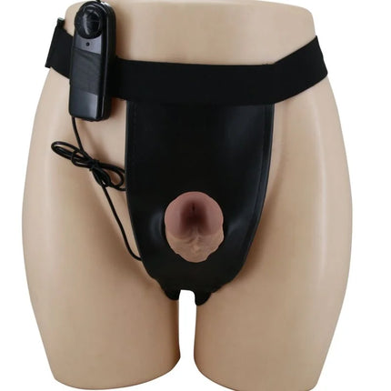 Blackes lederähnliches chastity belt mit rosa-fleischfarbenem dildo und schwarzem kontrollgerät von pretty love