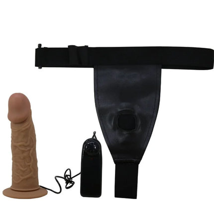 Tanfarbiger silikon dildo mit strukturierter oberfläche, schwarzer gürtel-harness und fernbedienung von Pretty Love