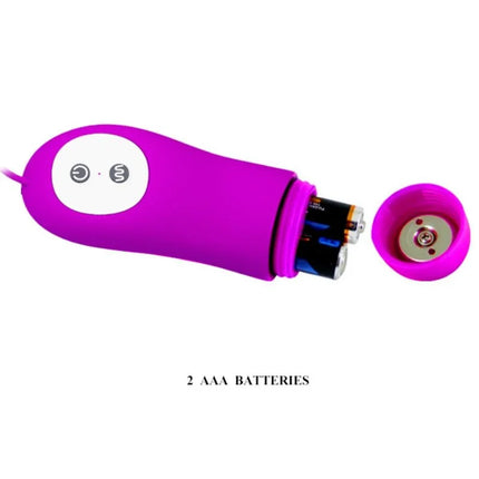 Vibrationsspielzeug pretty love harriet massager-stimulator mit lila silikonkörper, weißen tasten und offenem batteriefach