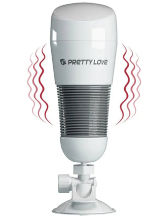 Weißer pretty love hedy vibrator mit vibrierender massagefunktion, grauer geripptem mittlerem abschnitt und saugnapfbasis