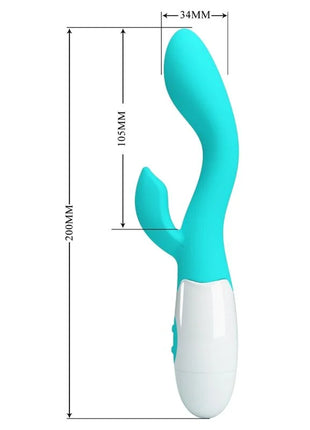 Ein eleganter türkis-weißer silikon vibrator in hasenform mit ergonomischem design von pretty love helliger g-spot-vibrator