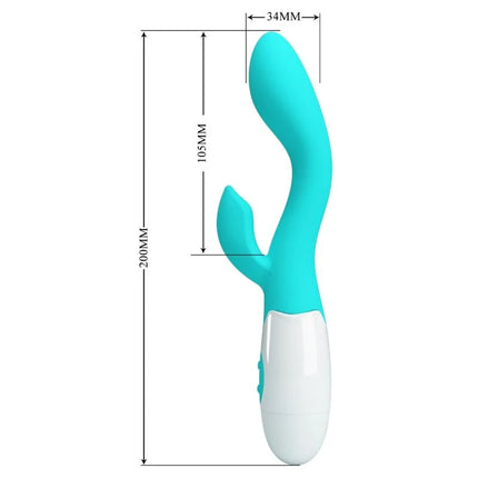 Ein eleganter türkis-weißer silikon vibrator in hasenform mit ergonomischem design von pretty love helliger g-spot-vibrator