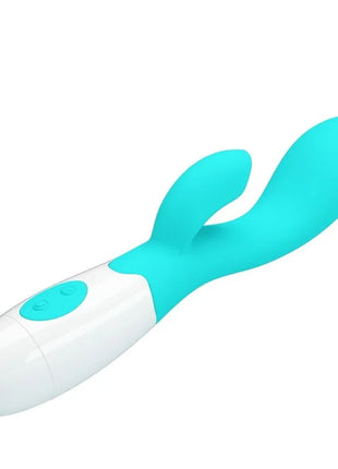 Teal und weiße silikon rabbit-vibrator mit glatter glänzender oberfläche von pretty love helliger g-spot-vibrator aquagrün