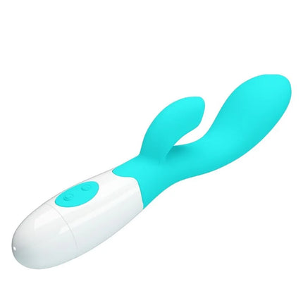 Teal und weiße silikon rabbit-vibrator mit glatter glänzender oberfläche von pretty love helliger g-spot-vibrator aquagrün
