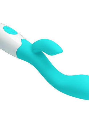 Teal und weiße silikon rabbit-vibrator mit glattem, geschwungenem design im pretty love helliger g-spot-vibrator aquagrün