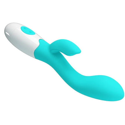 Teal und weiße silikon rabbit-vibrator mit glattem, geschwungenem design im pretty love helliger g-spot-vibrator aquagrün