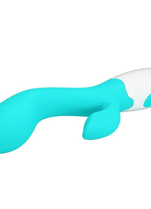 Teal und weiße silikon g punkt vibrator mit ergonomischem design und zwei kleinen klappen am griff von pretty love