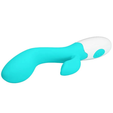 Teal und weiße silikon g punkt vibrator mit ergonomischem design und zwei kleinen klappen am griff von pretty love