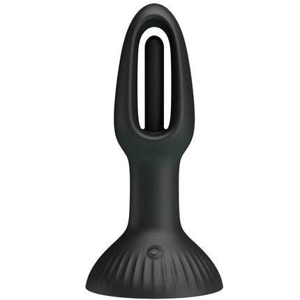 Schwarzer silikon analplug mit ergonomischem design und strukturiertem basisbereich mit kreisförmigem powerknopf von pretty love hubert anal plug mit 7 vibrationsmodi