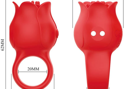 Roter silikonring in rosenform mit glatter glänzender oberfläche und zwei runden aussparungen, pretty love jae finger-vibrator mit 10 vibrationen