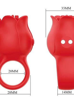 Roter silikonring in rosenform mit glatter glänzender oberfläche und zwei runden aussparungen, pretty love jae finger-vibrator mit 10 vibrationen